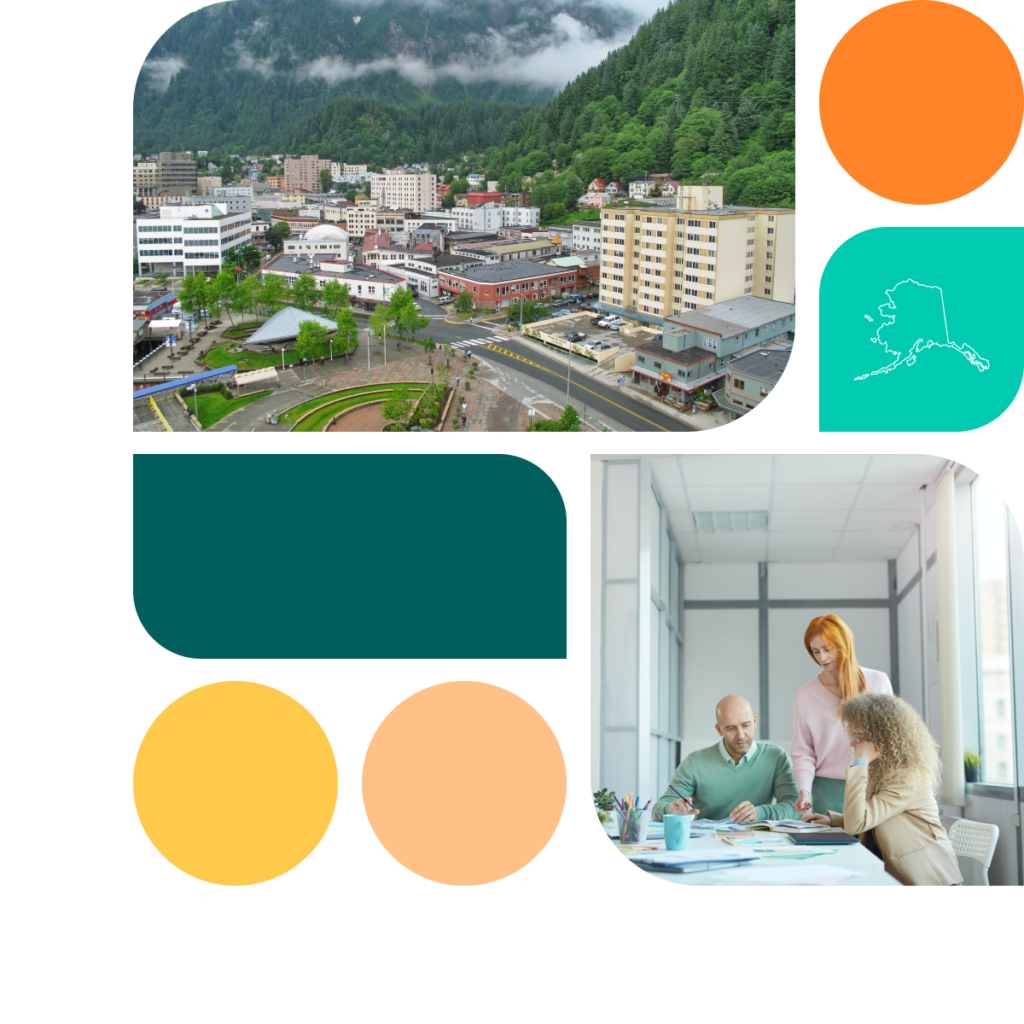 A graphic featuring colored shapes in orange, yellow, and teal. There is also a photo of the Alaska state capitol building as well as a photo of a group of three co-workers sitting at a table covered in paper, books, and coffee mugs. There are two women and one men.