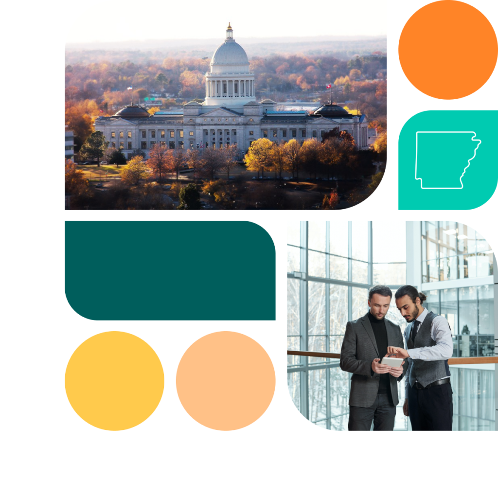 A graphic featuring colored shapes in orange, yellow, and teal. There is also a photo of the Arkansas state capitol building as well as a photo of two men looking at a tablet. 