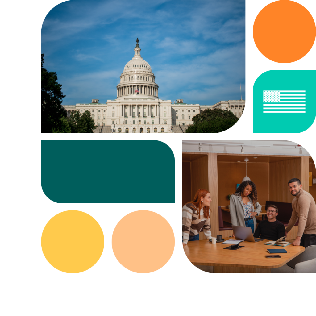 A graphic featuring colored shapes in orange, yellow, and teal. There is also a photo of the the US capitol building as well as a photo of four young professionals, two men and two women. They sit and stand around a table in an office setting.