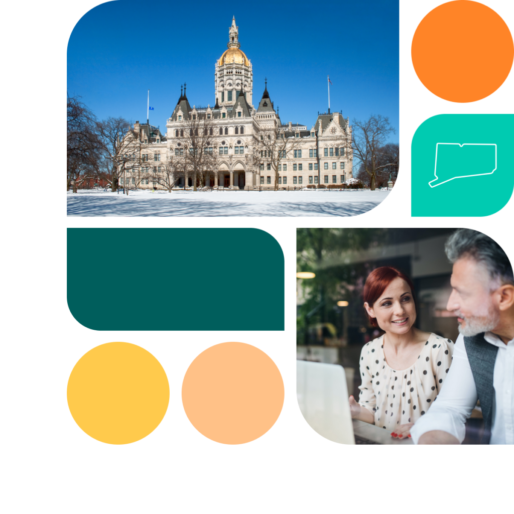 A graphic featuring colored shapes in orange, yellow, and teal. There is also a photo of the Connecticut state capitol building as well as a photo of a woman and a man dressed in professional clothing. The woman sits in front of a laptop.