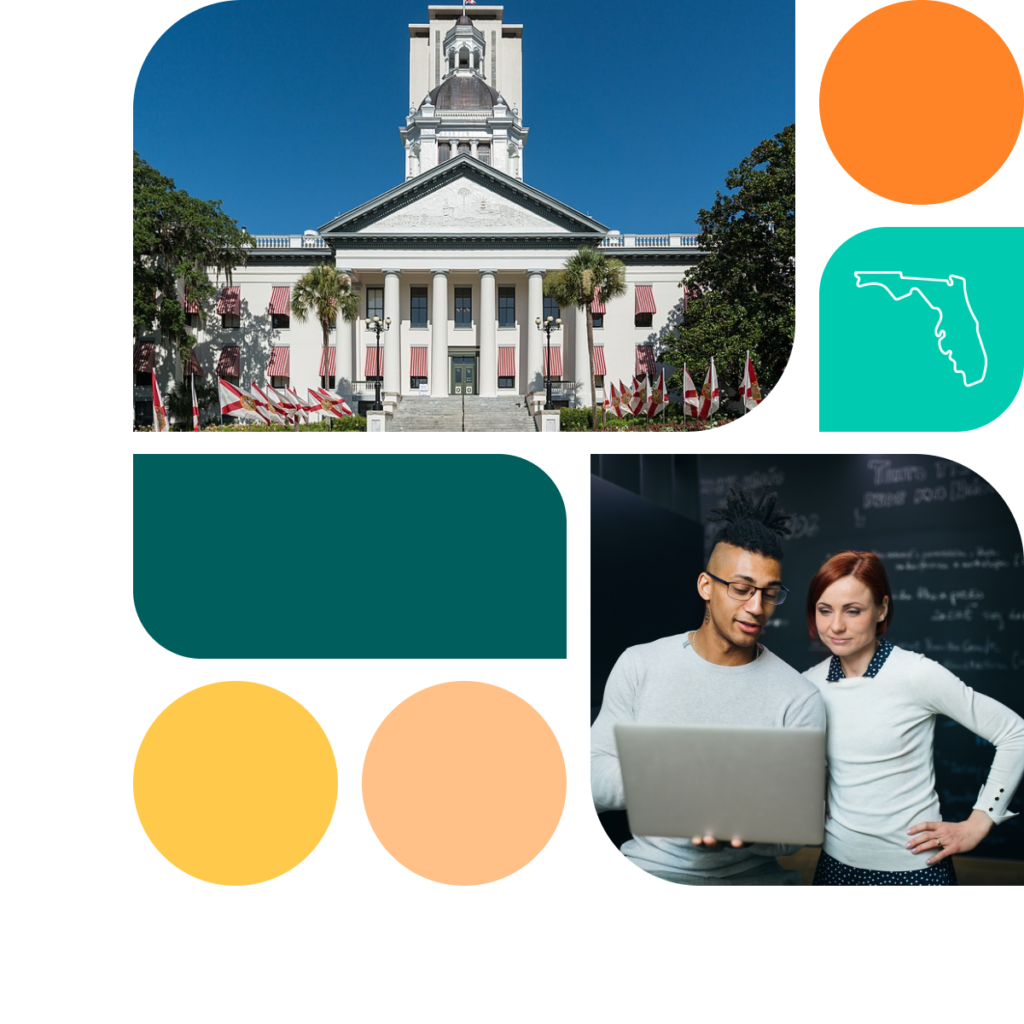 A graphic featuring colored shapes in orange, yellow, and teal. There is also a photo of the Florida state capitol building as well as a photo of a woman and a man looking at a laptop.