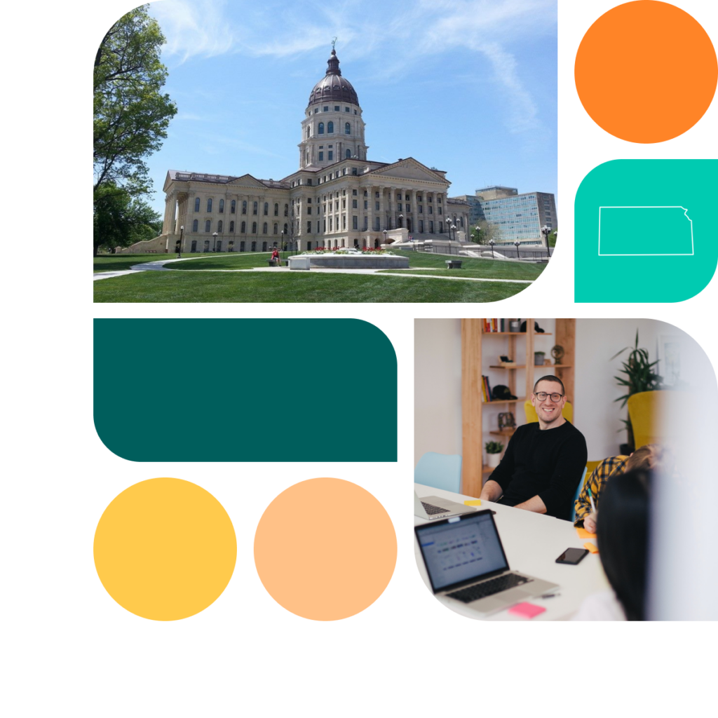 A graphic featuring colored shapes in orange, yellow, and teal. There is also a photo of the Kansas state capitol building as well as a photo of a man in a business meeting.