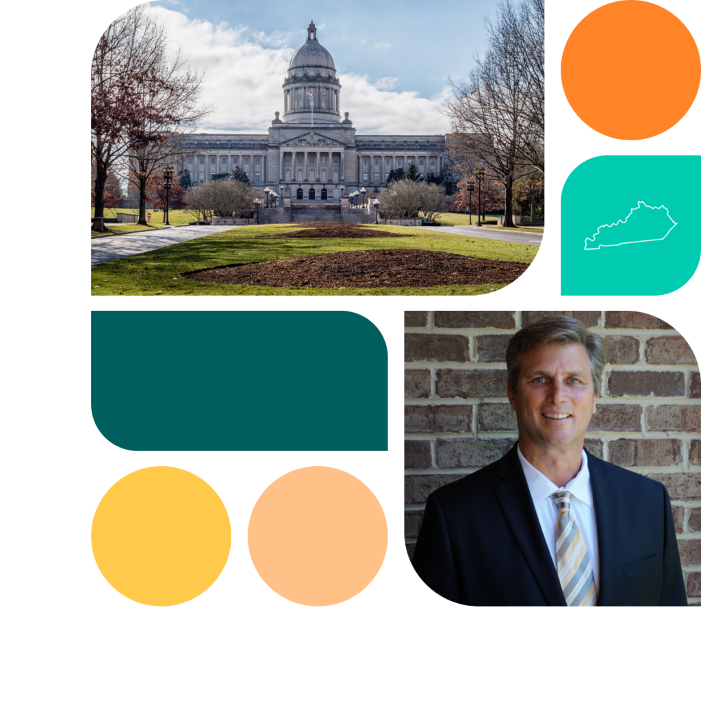 A graphic featuring colored shapes in orange, yellow, and teal. There is also a photo of the Kentucky state capitol building as well as a photo of a man wearing a suit.