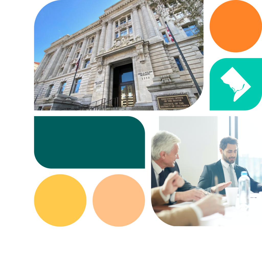 A graphic featuring colored shapes in orange, yellow, and teal. There is also a photo of the Council building in Washington, D.C. as well as a photo of two men in a business meeting.