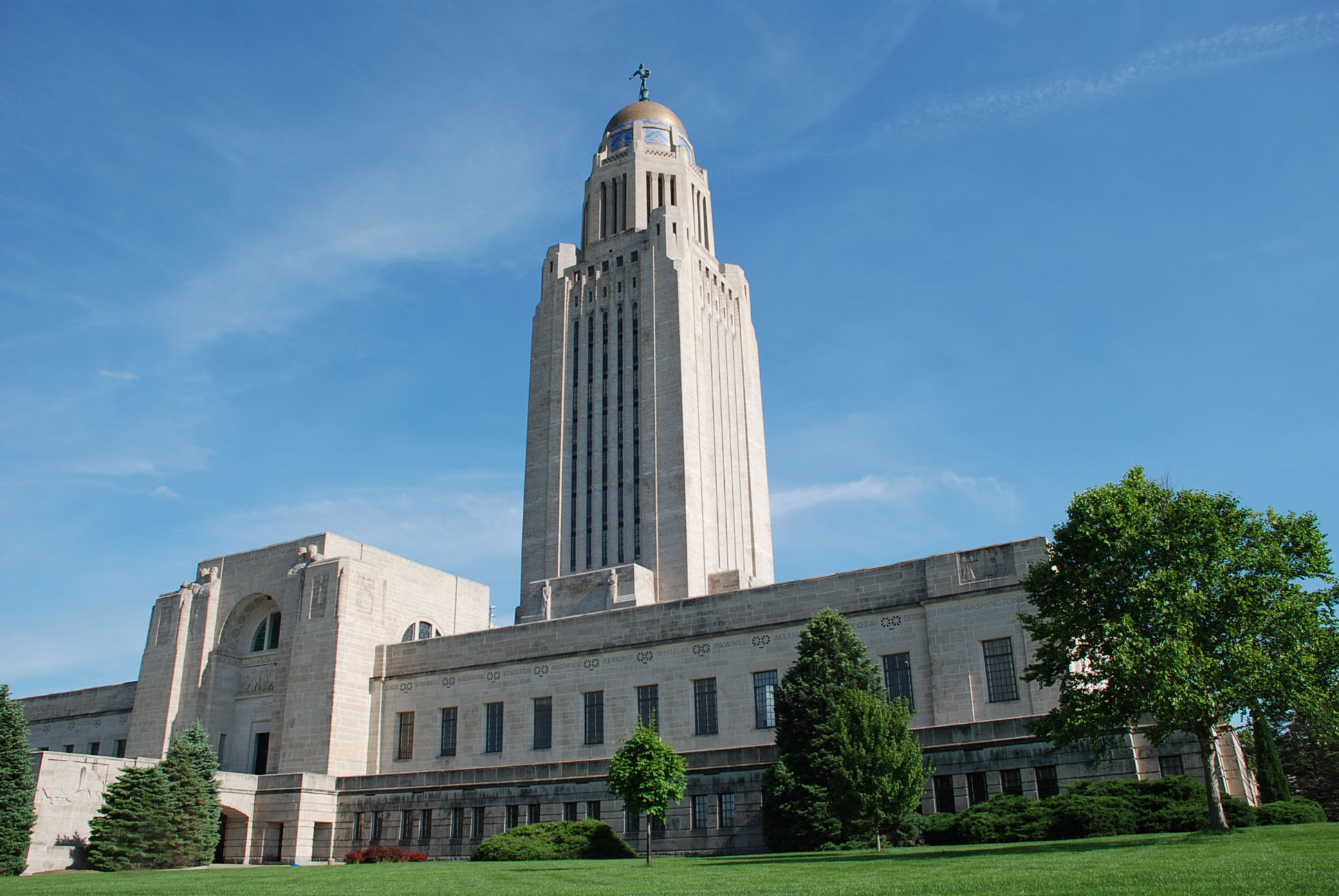 The Nebraska state capitol building in Lincoln, Nebraska.