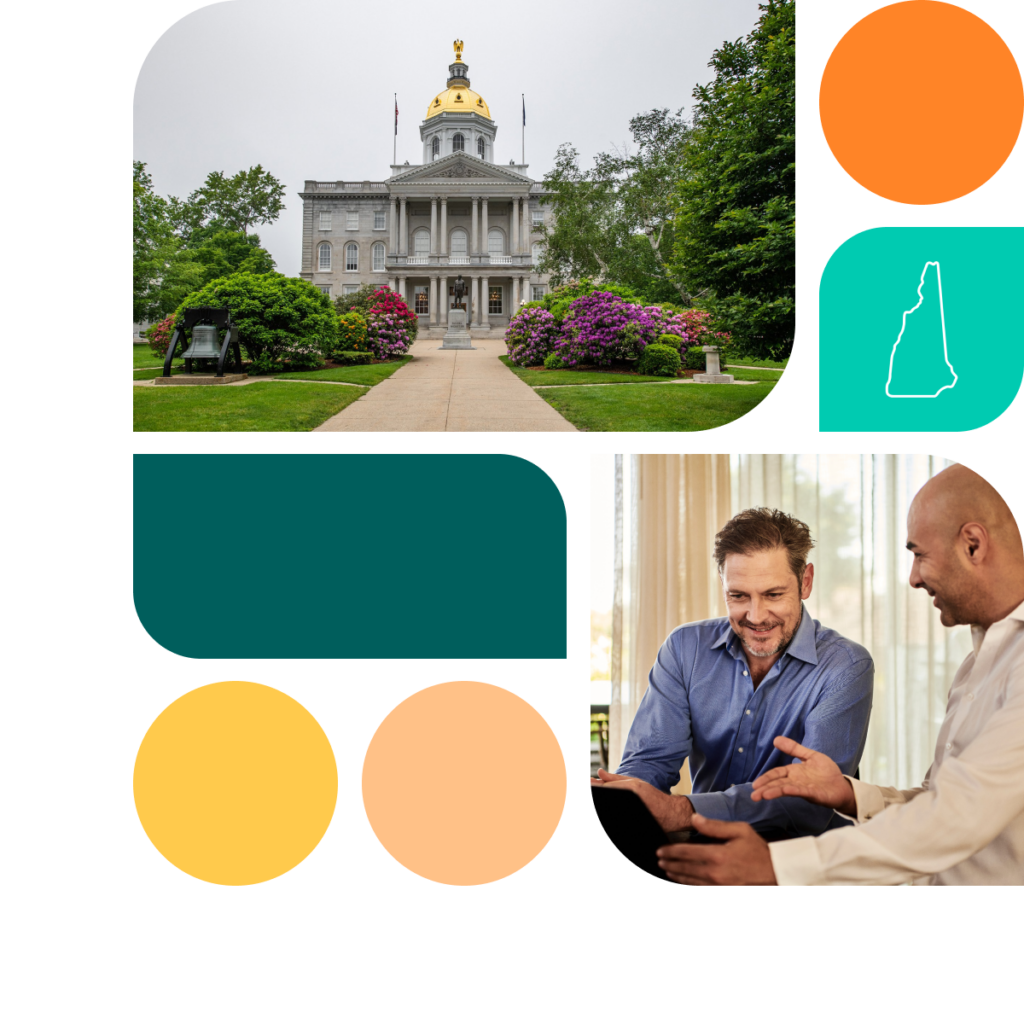 A graphic featuring colored shapes in orange, yellow, and teal. There is also a photo of the New Hampshire state capitol building as well as a photo of two men in a business meeting looking at a tablet.