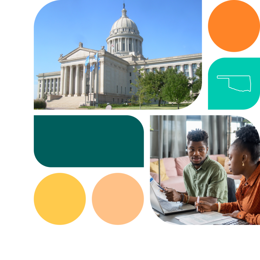 A graphic featuring colored shapes in orange, yellow, and teal. There is also a photo of the Oklahoma state capitol building as well as a photo of a man and a woman in a business meeting. They sit together at a table; the man has a laptop in front of him and the woman has a stack of papers.