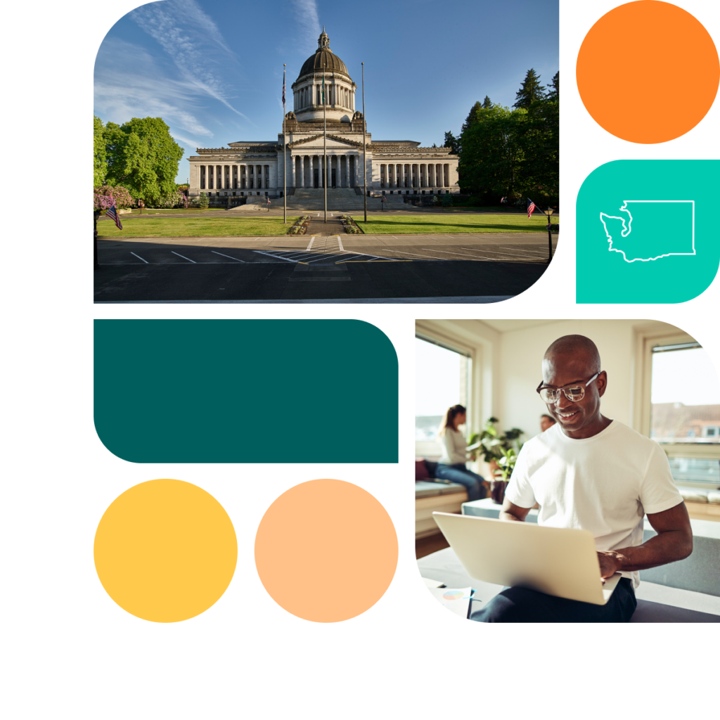 A graphic featuring colored shapes in orange, yellow, and teal. There is also a photo of the Washington state capitol building as well as a photo of a man with a laptop. He wears glasses and a white t-shirt.