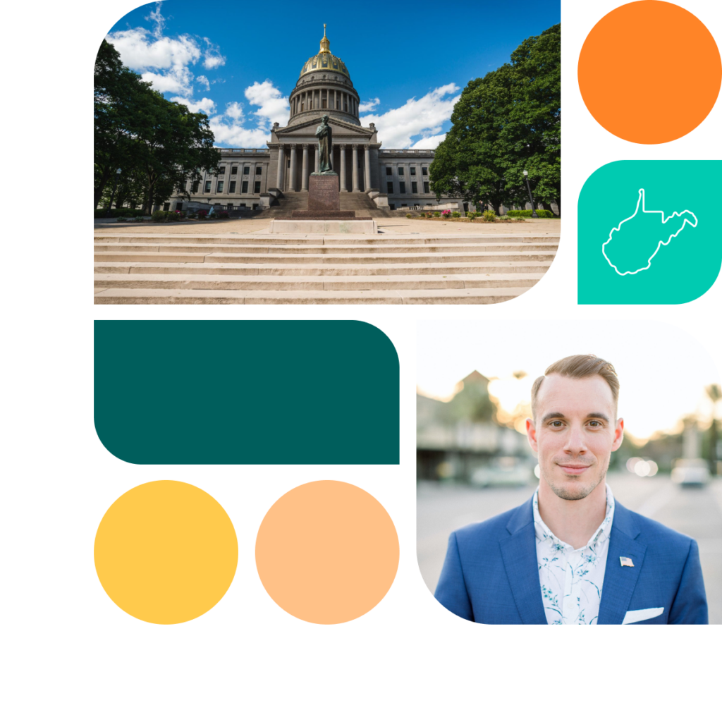 A graphic featuring colored shapes in orange, yellow, and teal. There is also a photo of the West Virginia state capitol building as well as a photo of a man wearing a blue suit.