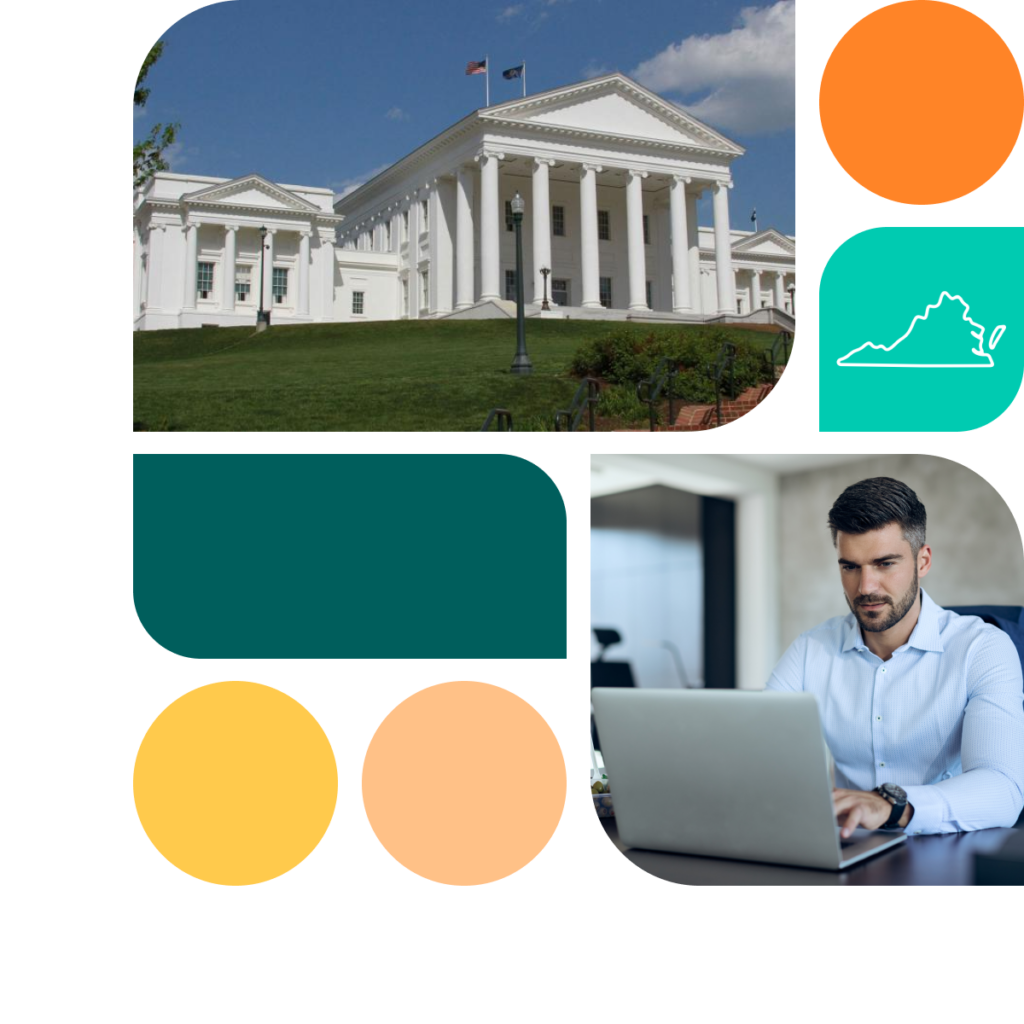 A graphic featuring colored shapes in orange, yellow, and teal. There is also a photo of the Virginia state capitol building as well as a photo of a man sitting at a desk with a laptop. He wears a light blue collared shirt.